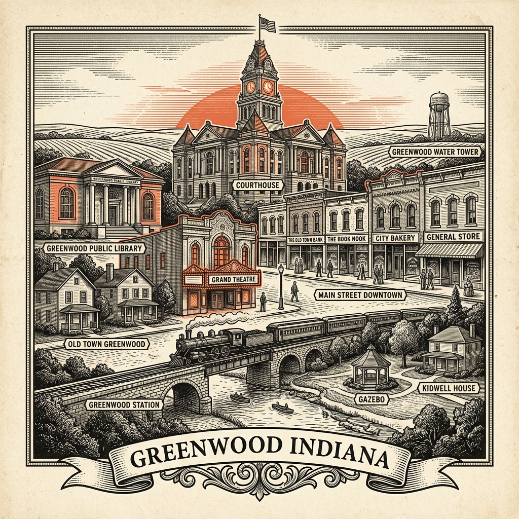 Engraved Greenwood IN city illustration – Official Translations certified translation services from $29.95 per page