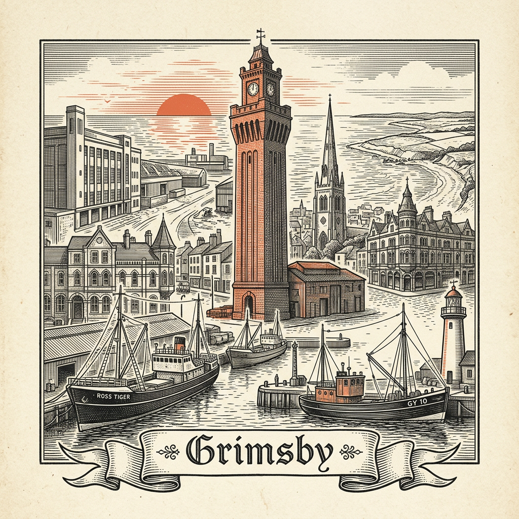 Engraved Grimsby England city illustration – Grimsby Dock Tower, Fishing Heritage Centre, Grimsby Minster, Cleethorpes Pier, Ross Tiger trawler – Official Translations certified translation services from £29.95 per page