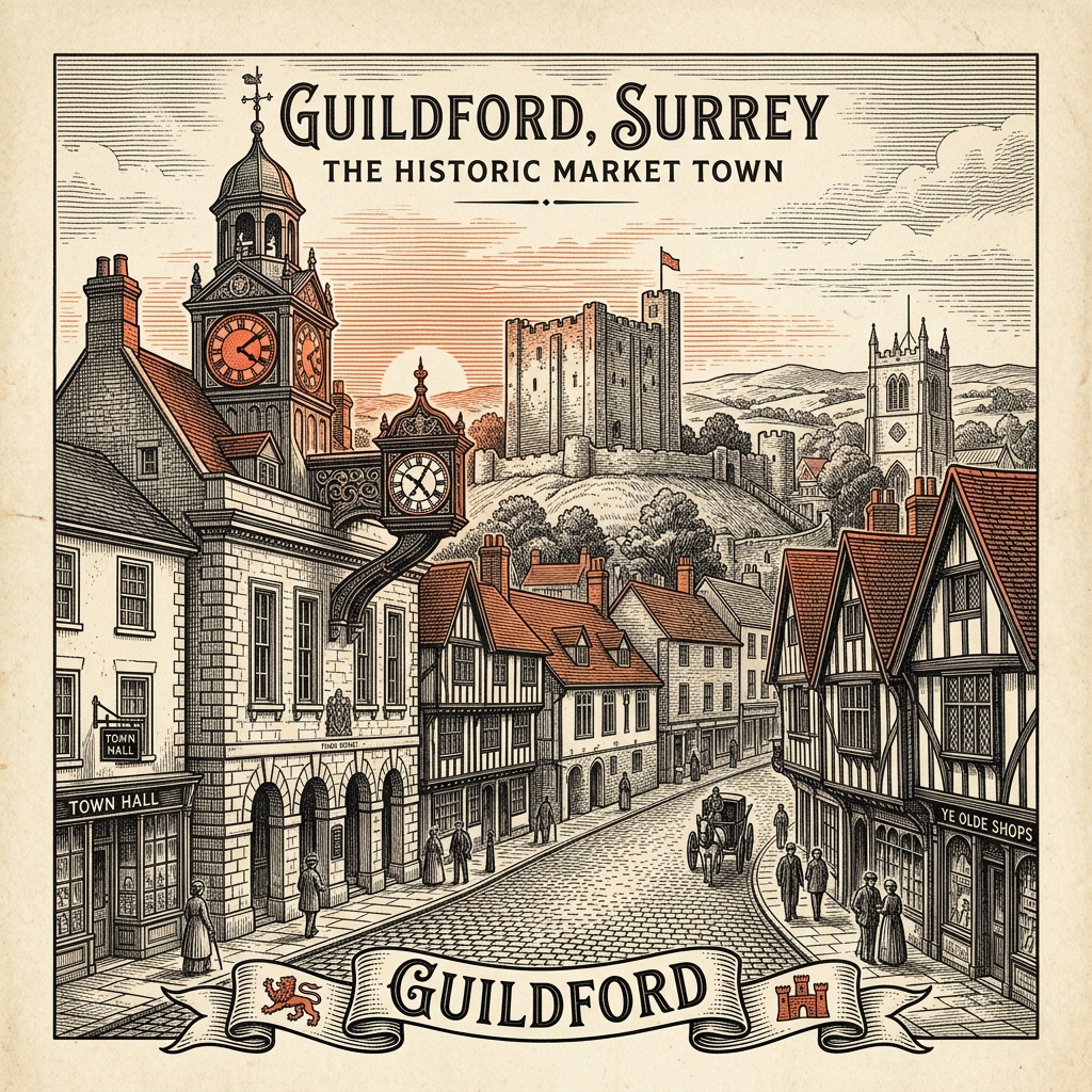 Engraved Guildford England city illustration – Guildford Cathedral on Stag Hill, Guildford Castle Norman keep, Yvonne Arnaud Theatre by the Wey, Guildford High Street cobbles and Guildhall clock, River Wey Navigation – Official Translations certified translation services from £29.95 per page