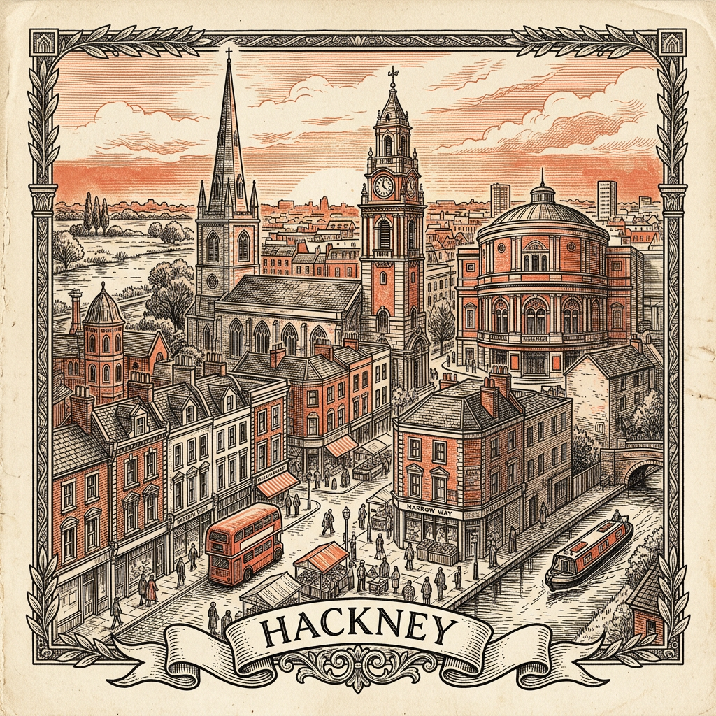 Engraved Hackney England city illustration – Hackney Empire, Sutton House, Hackney Town Hall portico, Regent's Canal towpath, Olympic Park boundary – Official Translations certified translation services from £29.95 per page