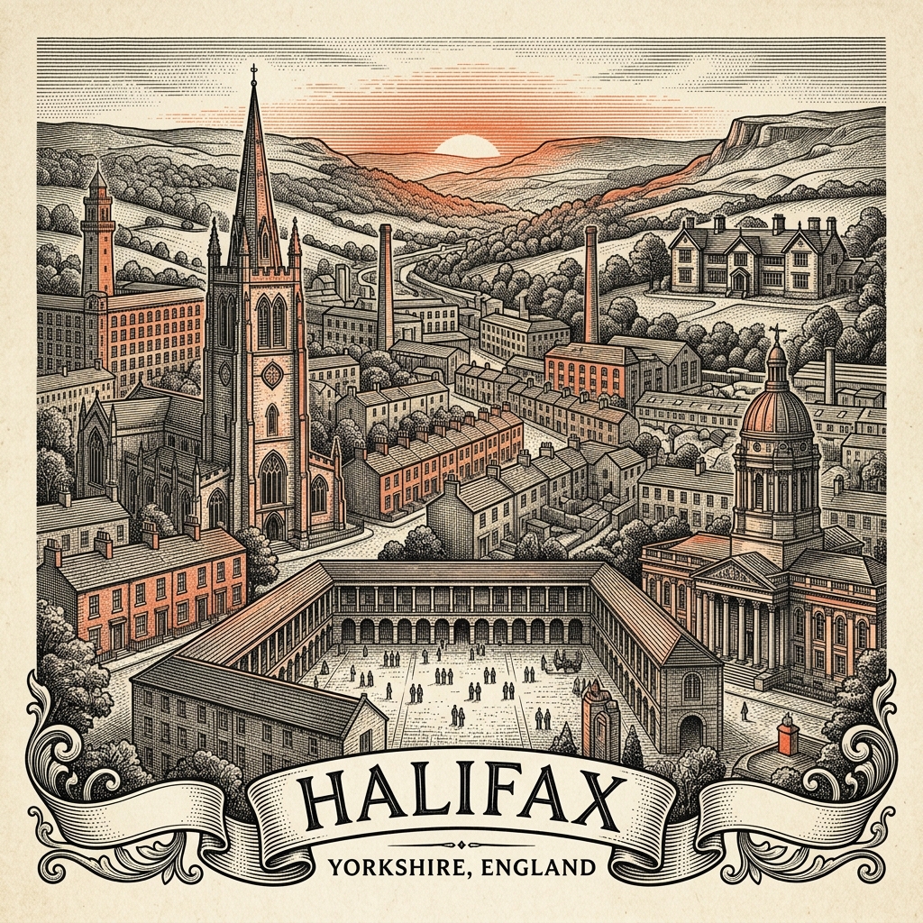 Engraved Halifax England city illustration – Halifax Piece Hall, Wainhouse Tower, Halifax Minster, Eureka! museum, Shibden Hall – Official Translations certified translation services from £29.95 per page