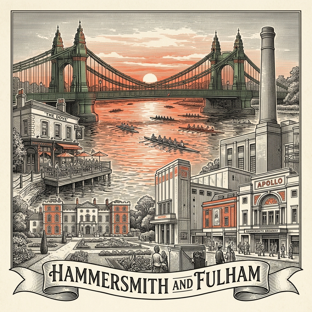Engraved Hammersmith and Fulham England city illustration – Hammersmith Bridge, Apollo Theatre, Fulham Palace, Craven Cottage, Olympia exhibition halls – Official Translations certified translation services from £29.95 per page