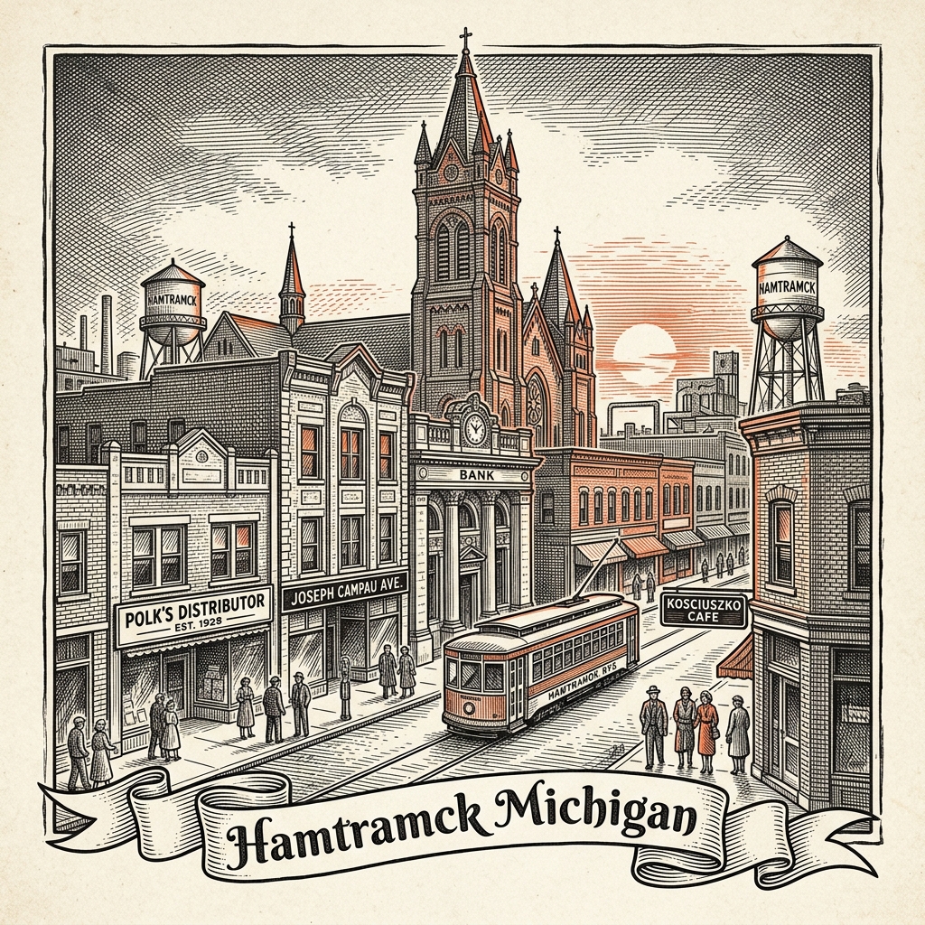 Engraved Hamtramck MI city illustration – Official Translations certified translation services from $29.95 per page