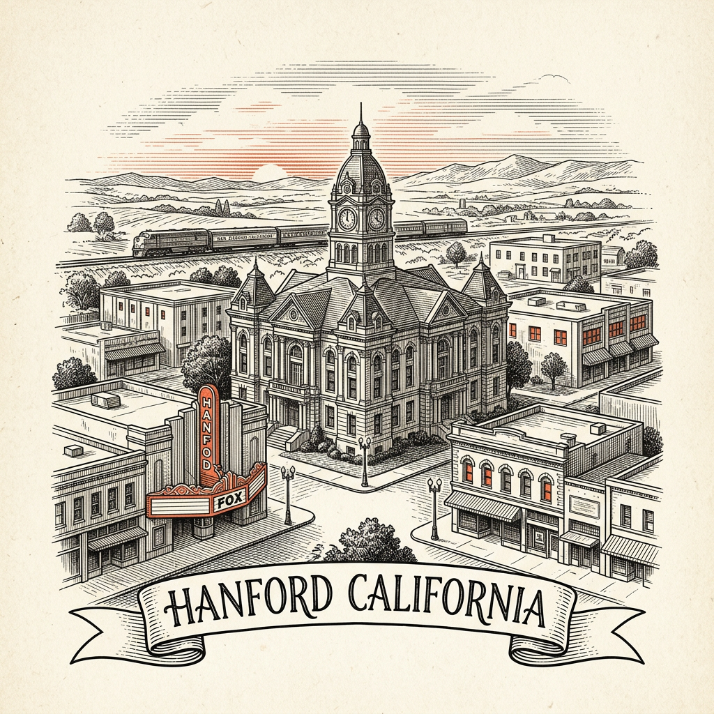 Engraved Hanford CA city illustration – Official Translations certified translation services from $29.95 per page