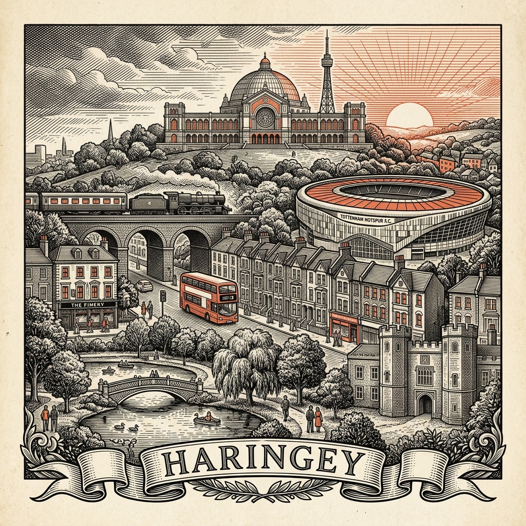 Engraved Haringey England city illustration – Alexandra Palace, Tottenham Hotspur Stadium, Bruce Castle, Wood Green Mall, Hornsey Town Hall – Official Translations certified translation services from £29.95 per page