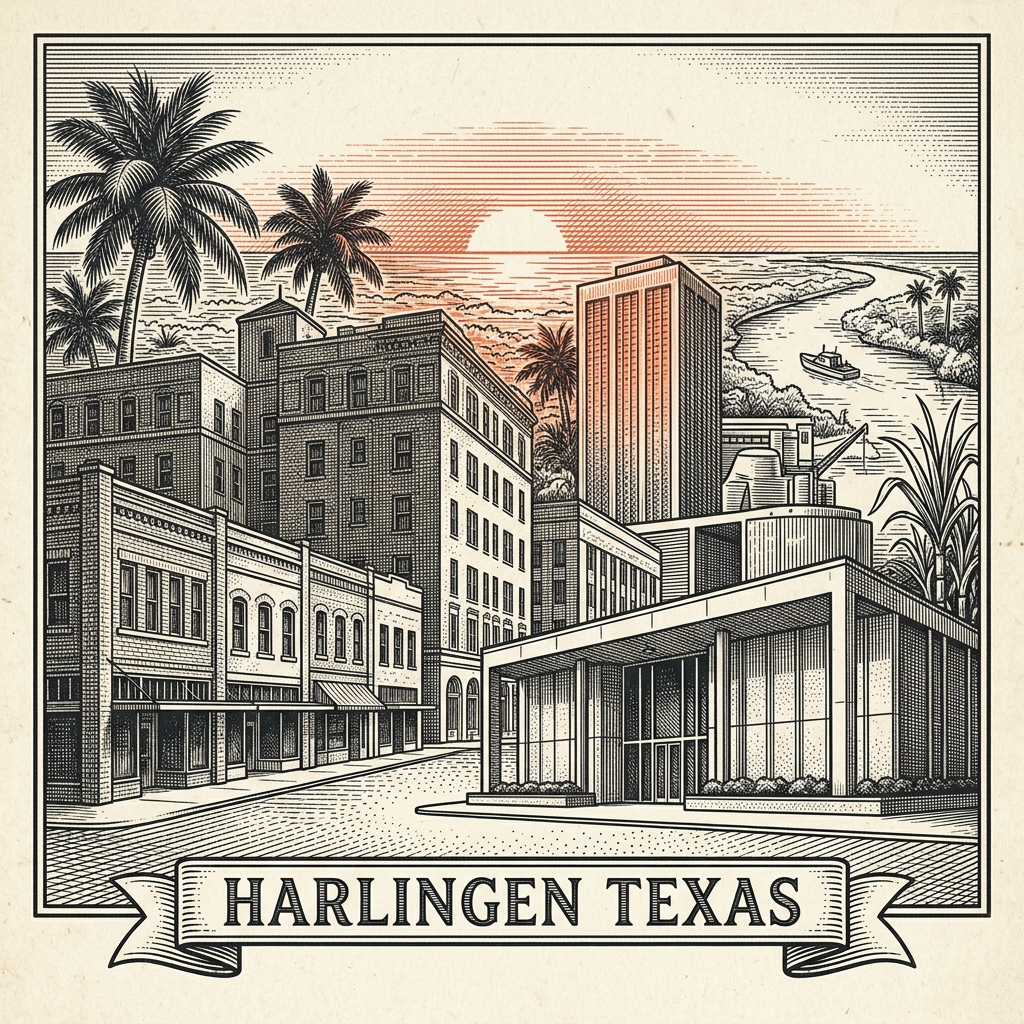 Engraved Harlingen TX city illustration – Official Translations certified translation services from $29.95 per page