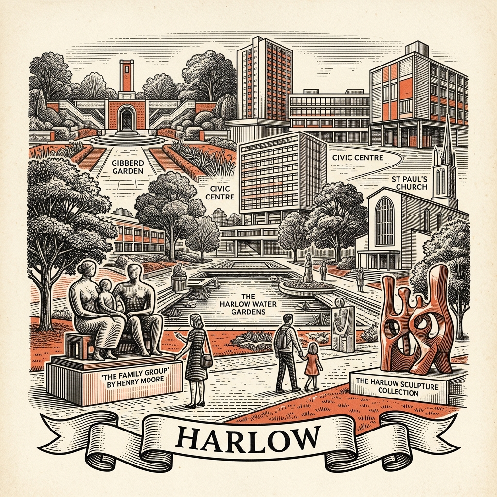 Engraved Harlow England city illustration – Harlow sculpture trail (Henry Moore Family Group), Harlow Town Park, Gibberd Garden, Water Gardens, Princess Alexandra Hospital tower – Official Translations certified translation services from £29.95 per page