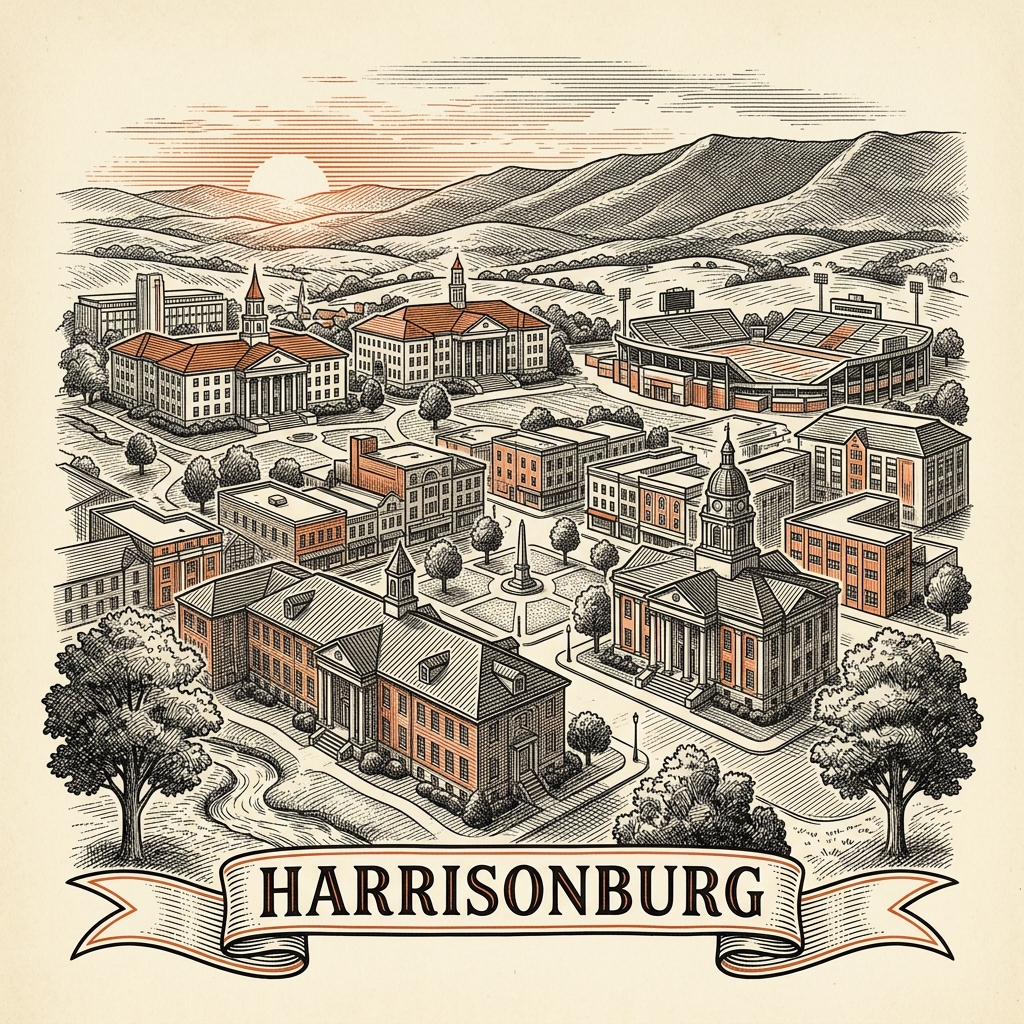 Engraved Harrisonburg VA city illustration – Official Translations certified translation services from $29.95 per page