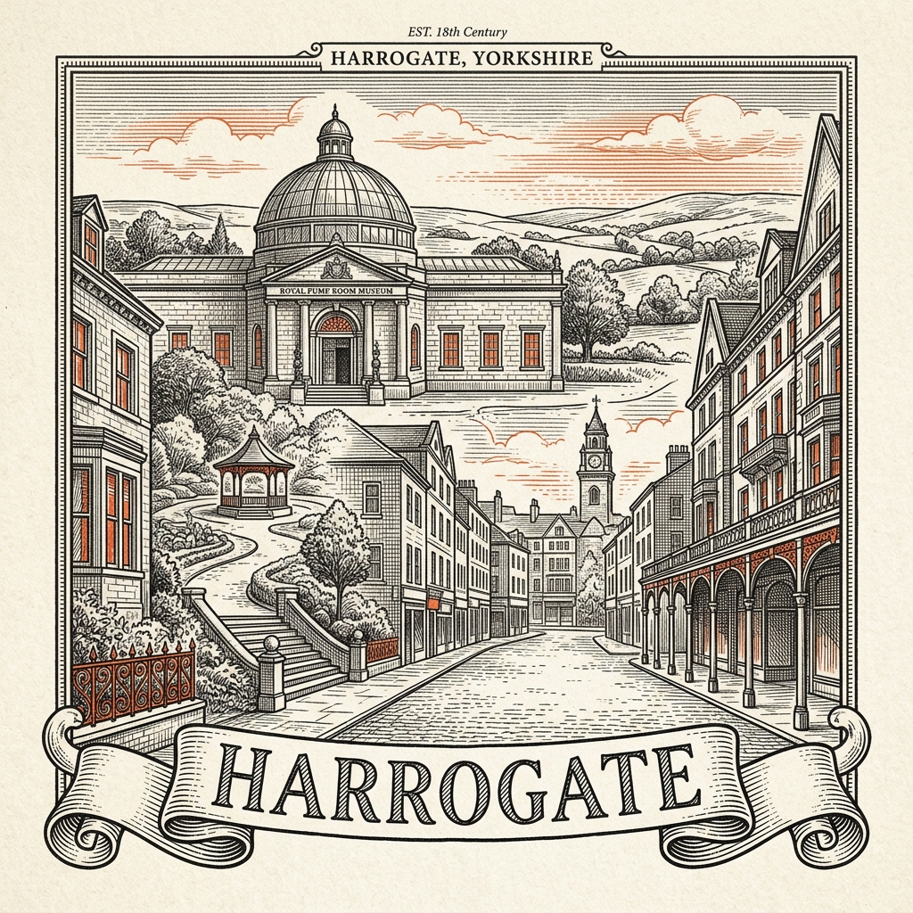 Engraved Harrogate England city illustration – Royal Pump Room museum, Valley Gardens, the Stray common, Royal Hall theatre, Betty's Cafe Tea Rooms – Official Translations certified translation services from £29.95 per page