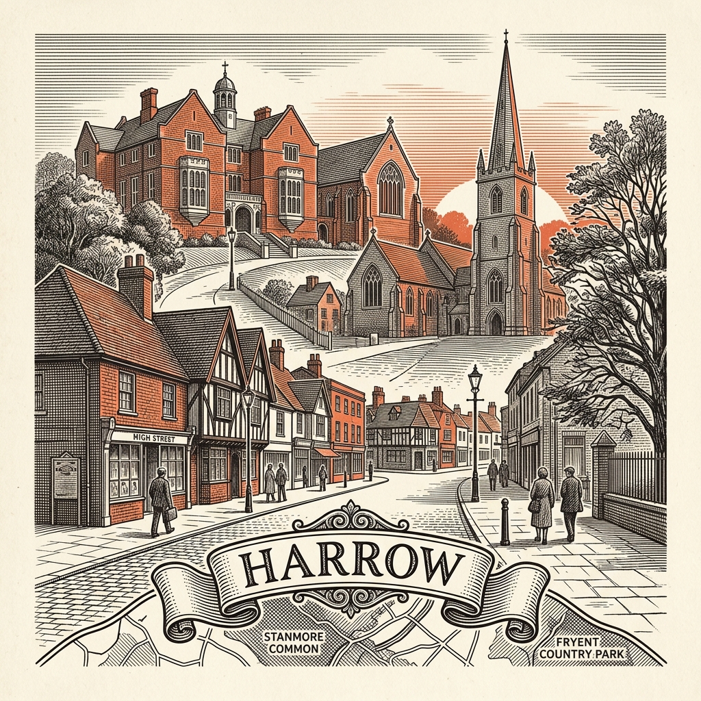 Engraved Harrow England city illustration – Harrow School chapel, Harrow-on-the-Hill spire (St Mary's), Civic Centre clock, Kenton Hindu temple, Headstone Manor – Official Translations certified translation services from £29.95 per page