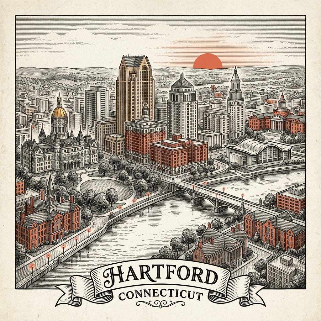 Engraved Hartford CT city illustration – Official Translations certified translation services from $29.95 per page