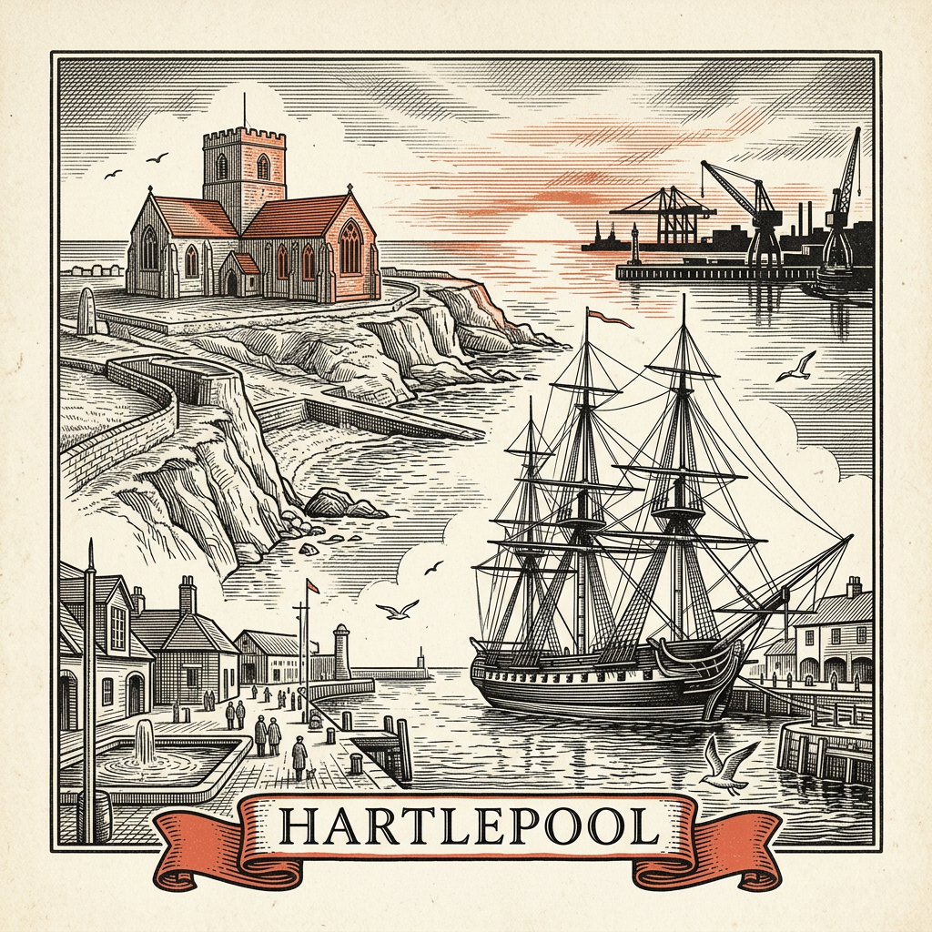 Engraved Hartlepool England city illustration – HMS Trincomalee, Hartlepool Headland, Heugh Battery Museum, Hartlepool Marina, Seaton Carew lighthouse – Official Translations certified translation services from £29.95 per page