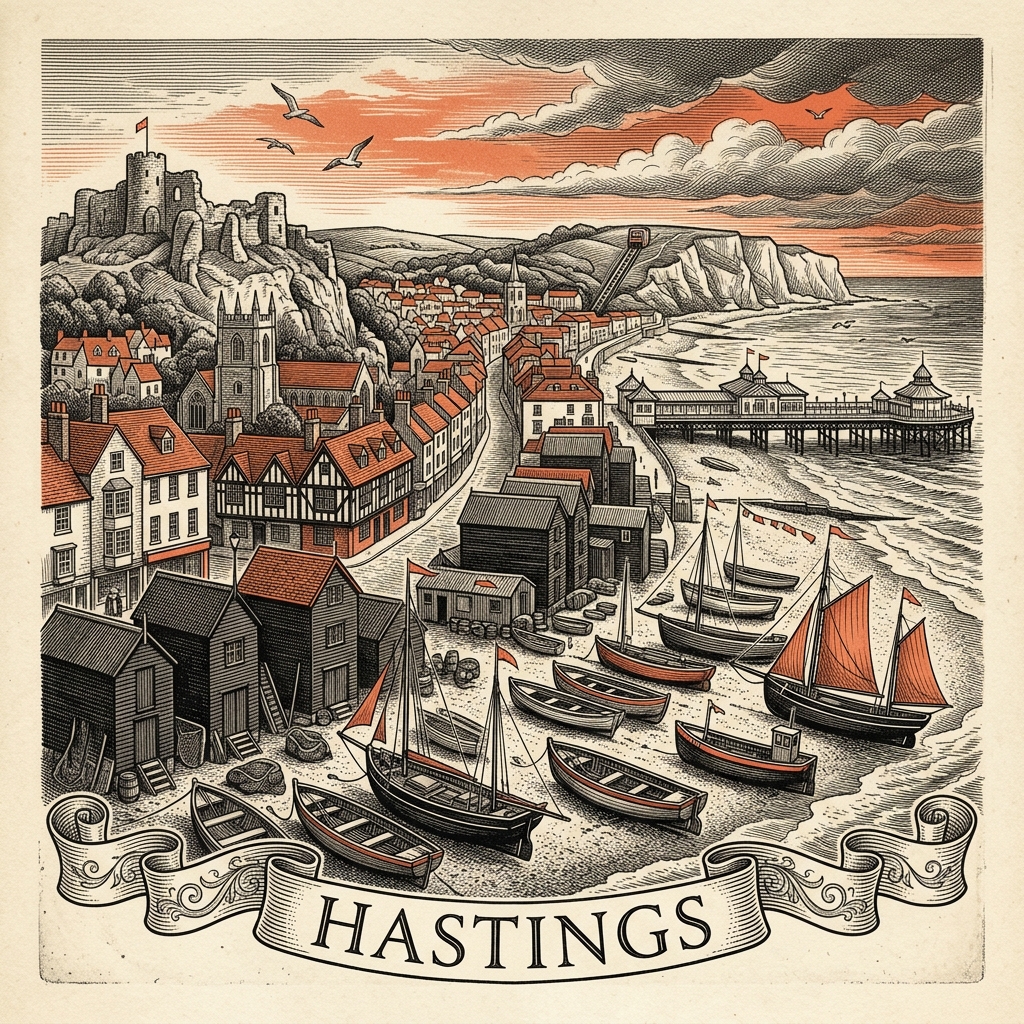 Engraved Hastings England city illustration – Hastings Castle, Net Shops, Hastings Pier, East Hill Cliff Railway, Smugglers Adventure caves – Official Translations certified translation services from £29.95 per page