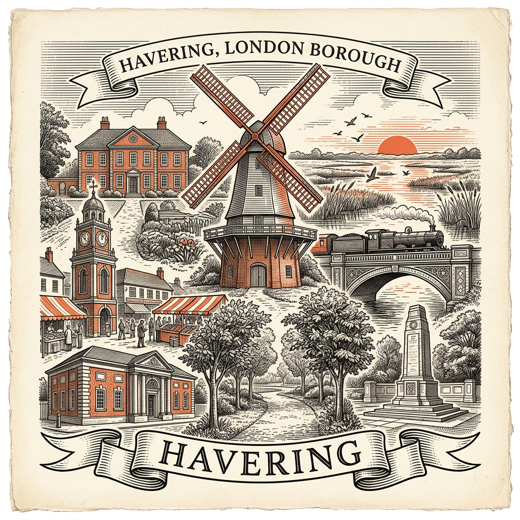 Engraved Havering England city illustration – Romford Market Place, Queen's Theatre Hornchurch, Upminster Windmill, Hornchurch RAF Memorial, Rainham Marshes visitor centre – Official Translations certified translation services from £29.95 per page