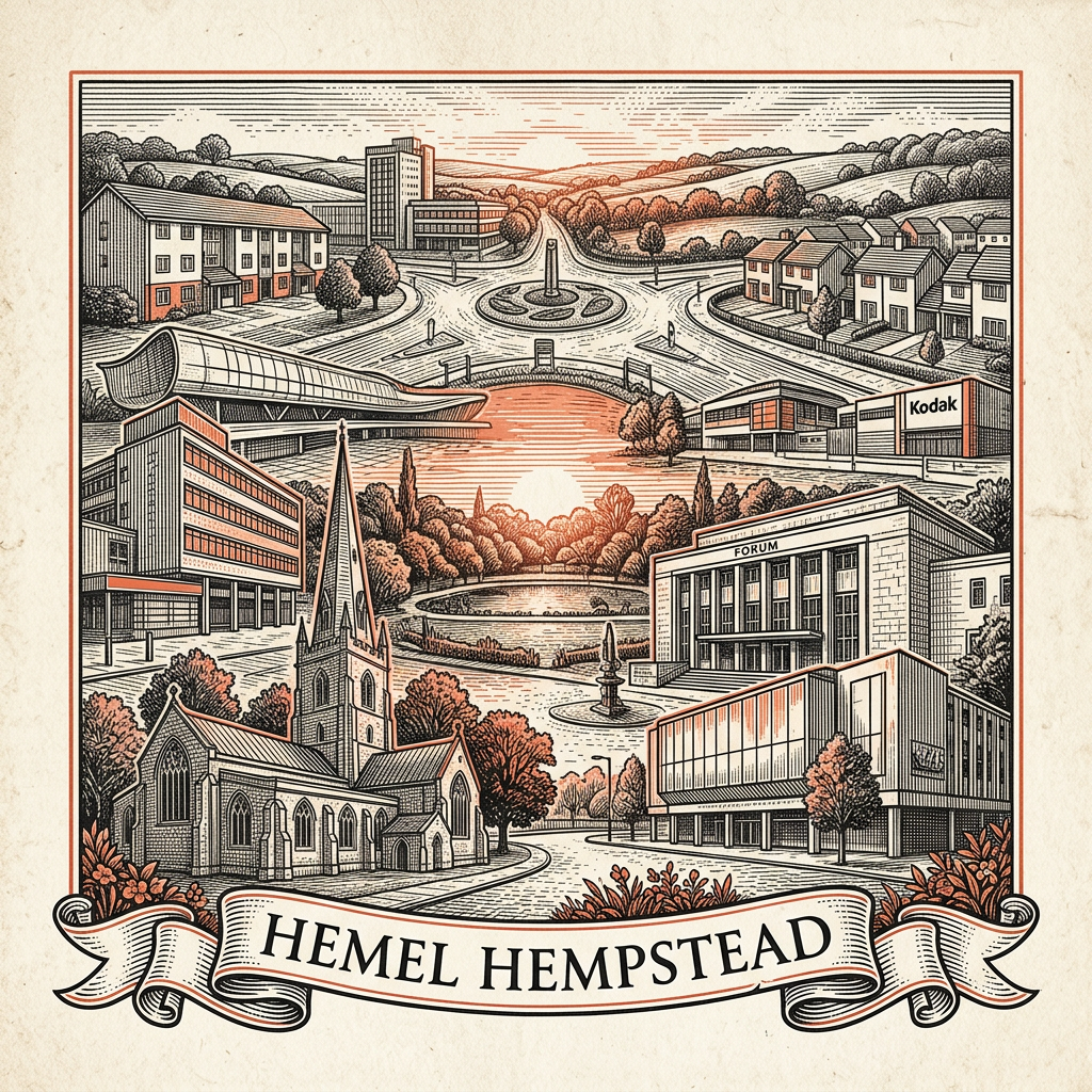 Engraved Hemel Hempstead England city illustration – The Magic Roundabout, St Mary's Church, Old Town High Street, Gadebridge Park, Boxmoor – Official Translations certified translation services from £29.95 per page