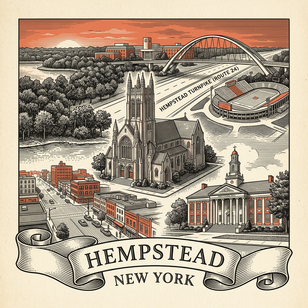 Engraved Hempstead NY city illustration – Official Translations certified translation services from $29.95 per page
