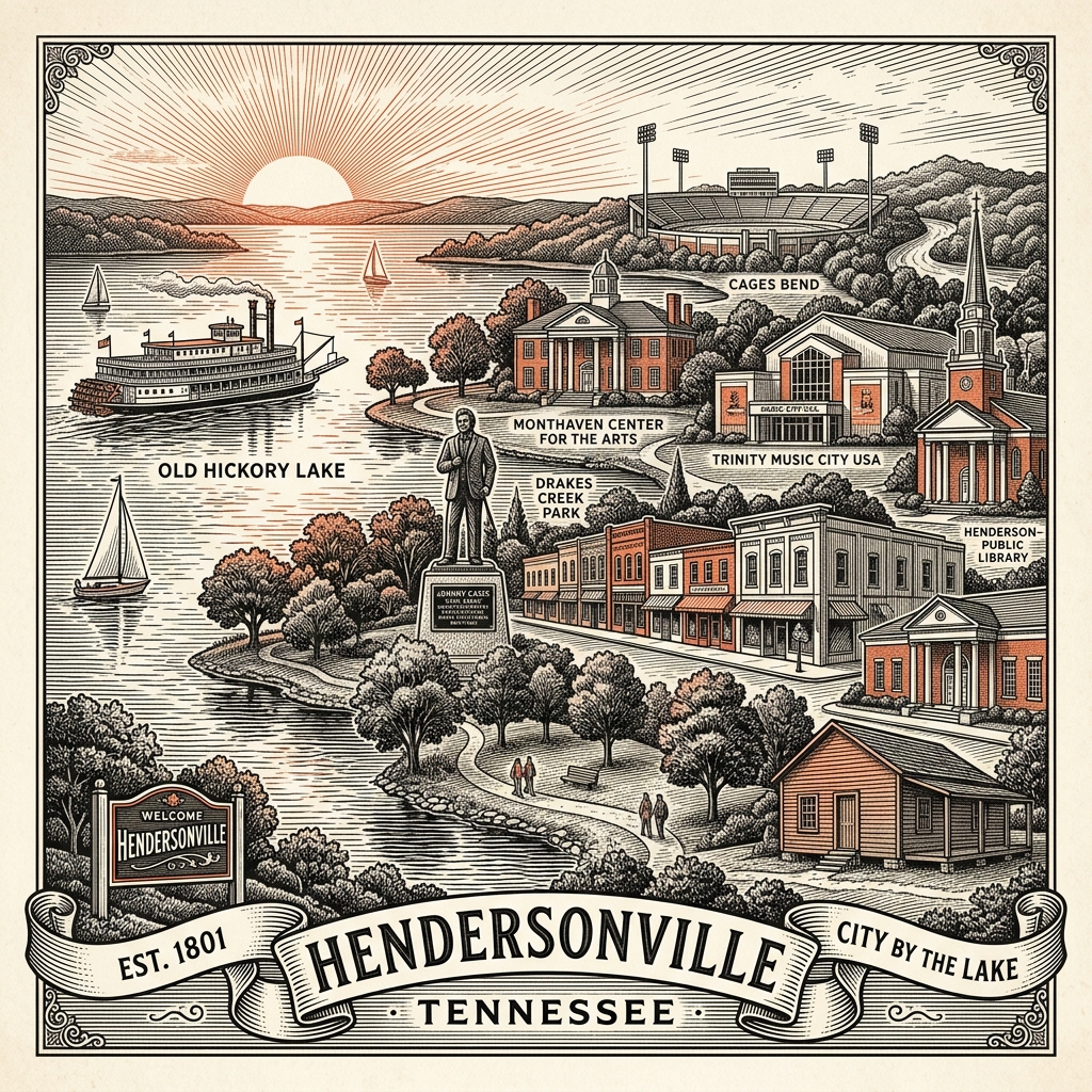 Engraved Hendersonville TN city illustration – Official Translations certified translation services from $29.95 per page