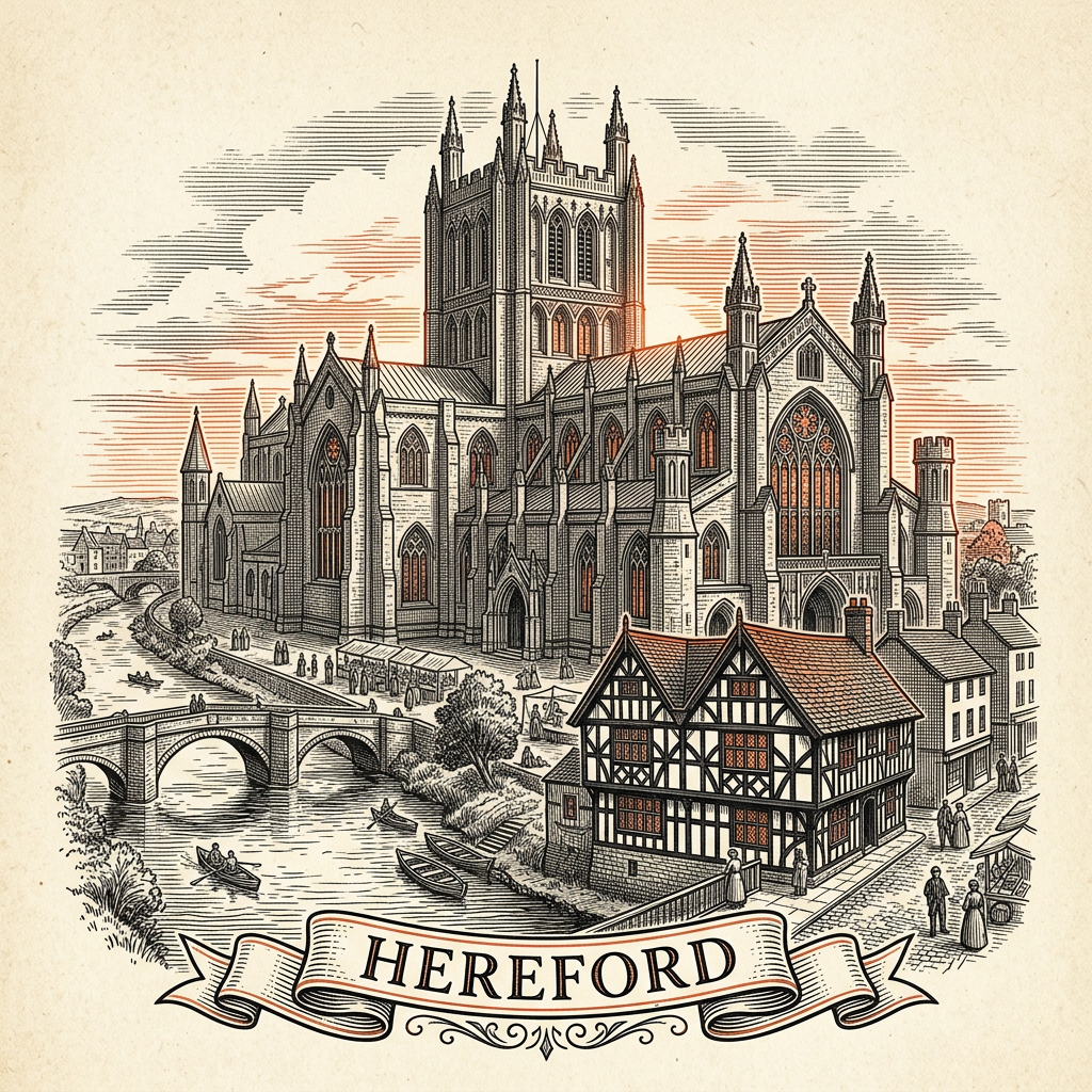 Engraved Hereford England city illustration – Hereford Cathedral (housing the Mappa Mundi and Chained Library), Old House black-and-white Jacobean merchant's house, River Wye and Victoria Bridge, Hereford Castle Green, the Bull statue – Official Translations certified translation services from £29.95 per page