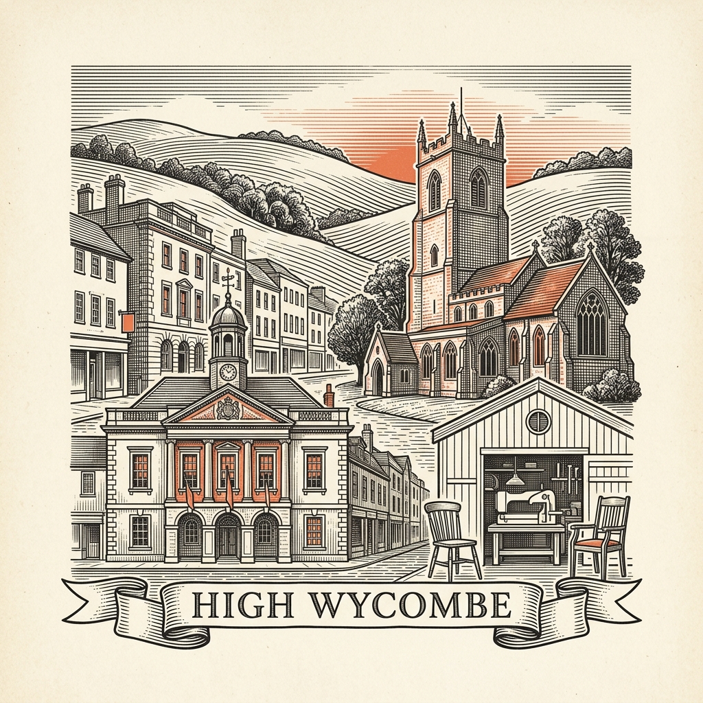 Engraved High Wycombe England city illustration – Wycombe Guildhall, Hellfire Caves entrance, West Wycombe Park Mausoleum, Wycombe Swan theatre, Pann Mill waterwheel – Official Translations certified translation services from £29.95 per page