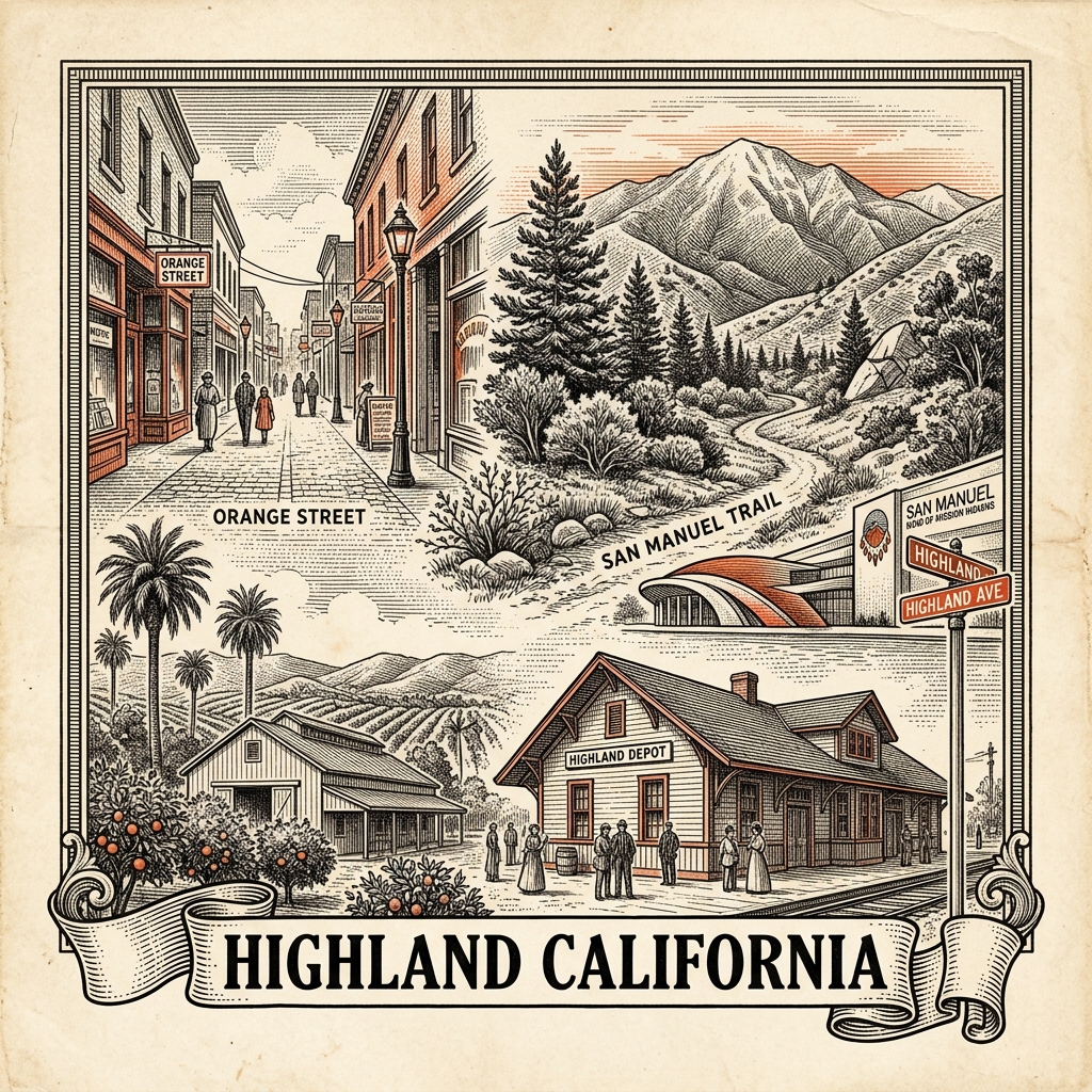 Engraved Highland CA city illustration – Official Translations certified translation services from $29.95 per page
