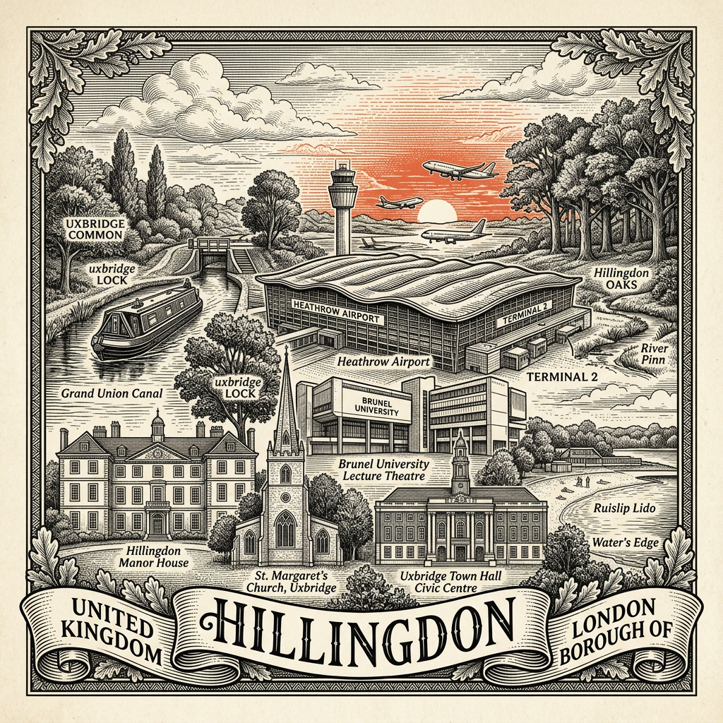 Engraved Hillingdon England city illustration – Heathrow control tower, Brunel University arch, Stockley Park lake, Uxbridge Civic Centre, Battle of Britain Bunker (RAF Uxbridge) – Official Translations certified translation services from £29.95 per page