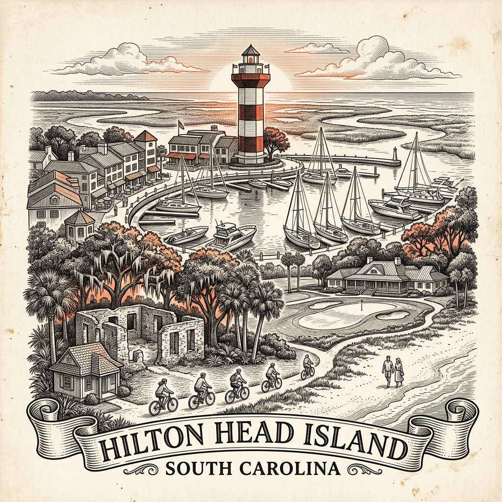 Engraved Hilton Head Island SC city illustration – Official Translations certified translation services from $29.95 per page