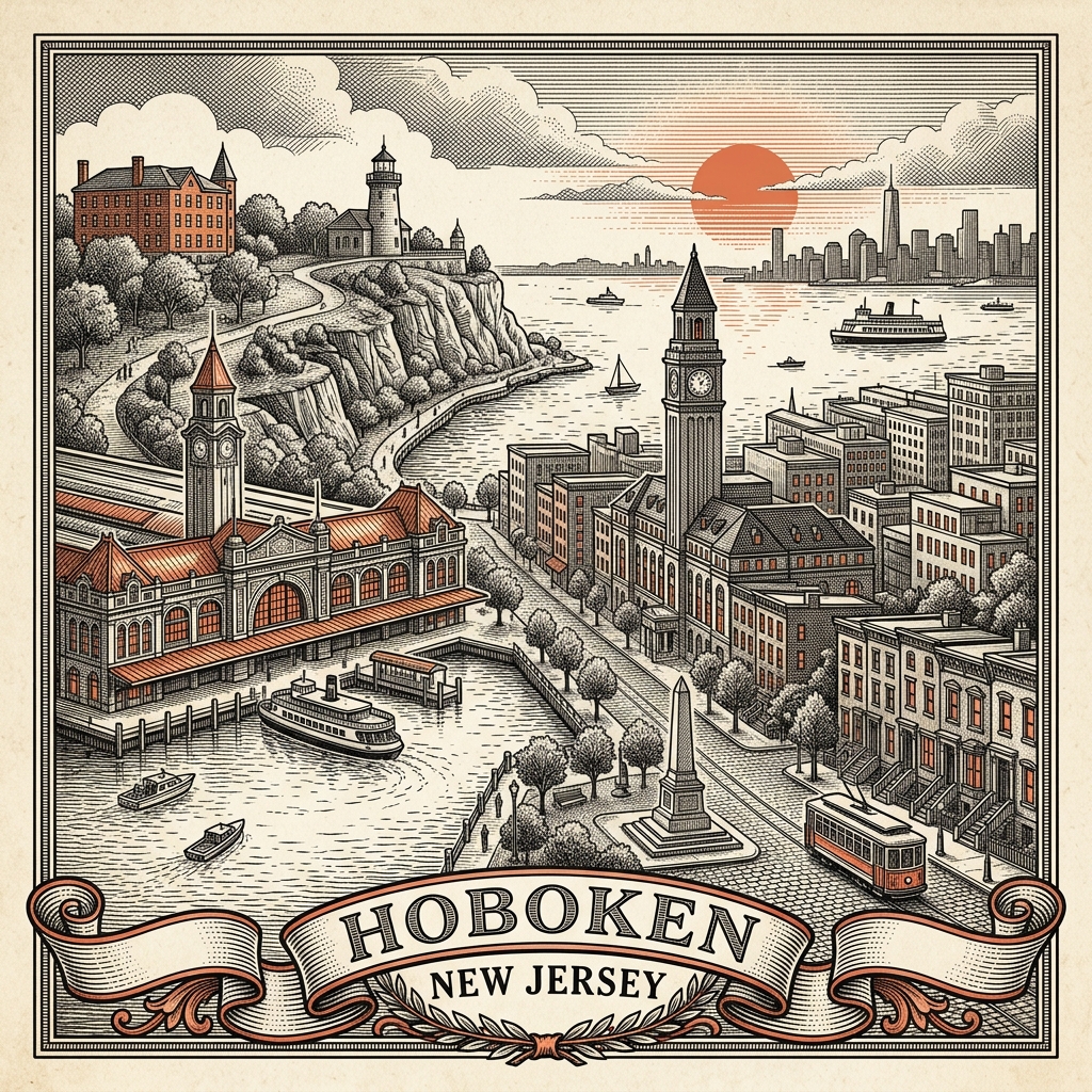 Engraved Hoboken NJ city illustration – Official Translations certified translation services from $29.95 per page
