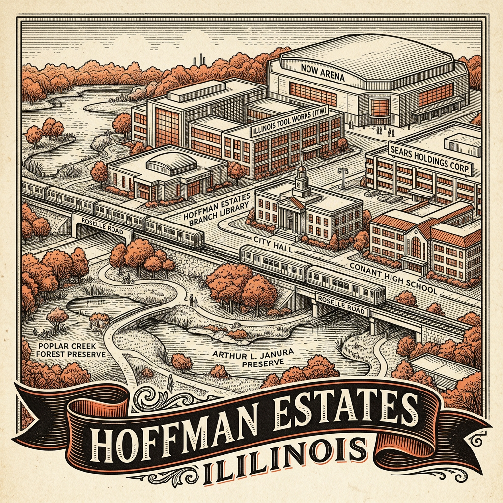 Engraved Hoffman Estates IL city illustration – Official Translations certified translation services from $29.95 per page