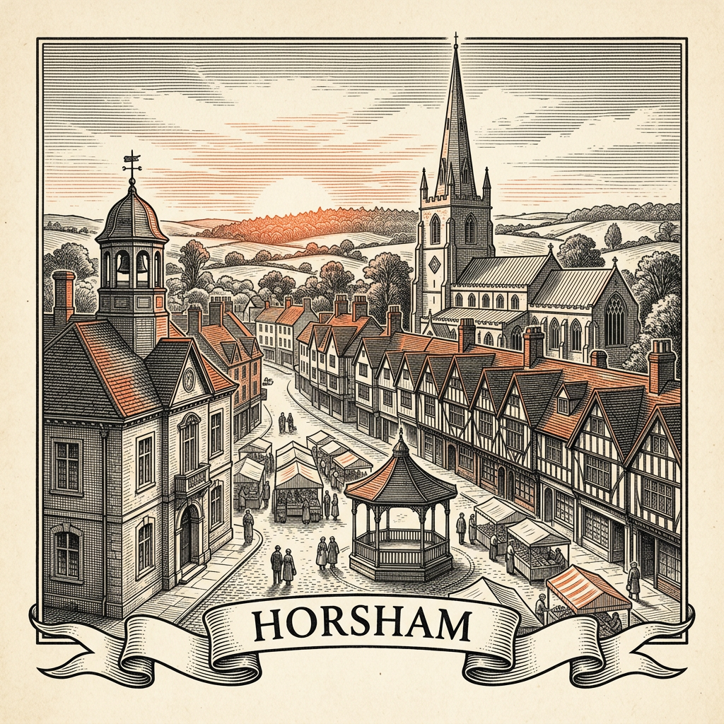 Engraved Horsham England city illustration – Horsham Park and the Carfax, St Mary's Church, Horsham Museum and Art Gallery, Causeway historic street, Christ's Hospital school – Official Translations certified translation services from £29.95 per page