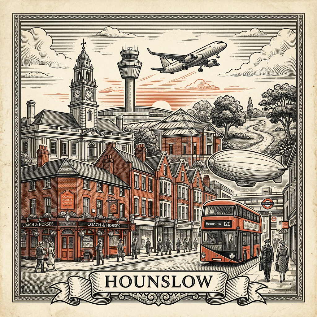 Engraved Hounslow England city illustration – Heathrow Terminal 5 roof, Chiswick House dome, Syon House, Hogarth's House, Hounslow Civic Centre – Official Translations certified translation services from £29.95 per page