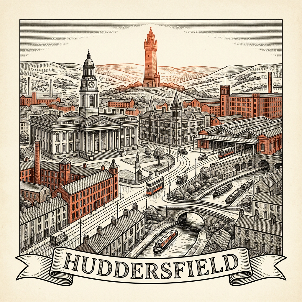 Engraved Huddersfield England city illustration – Huddersfield Railway Station portico, Castle Hill Victoria Tower, Huddersfield Parish Church, University of Huddersfield Oastler Building, Greenhead Park bandstand – Official Translations certified translation services from £29.95 per page