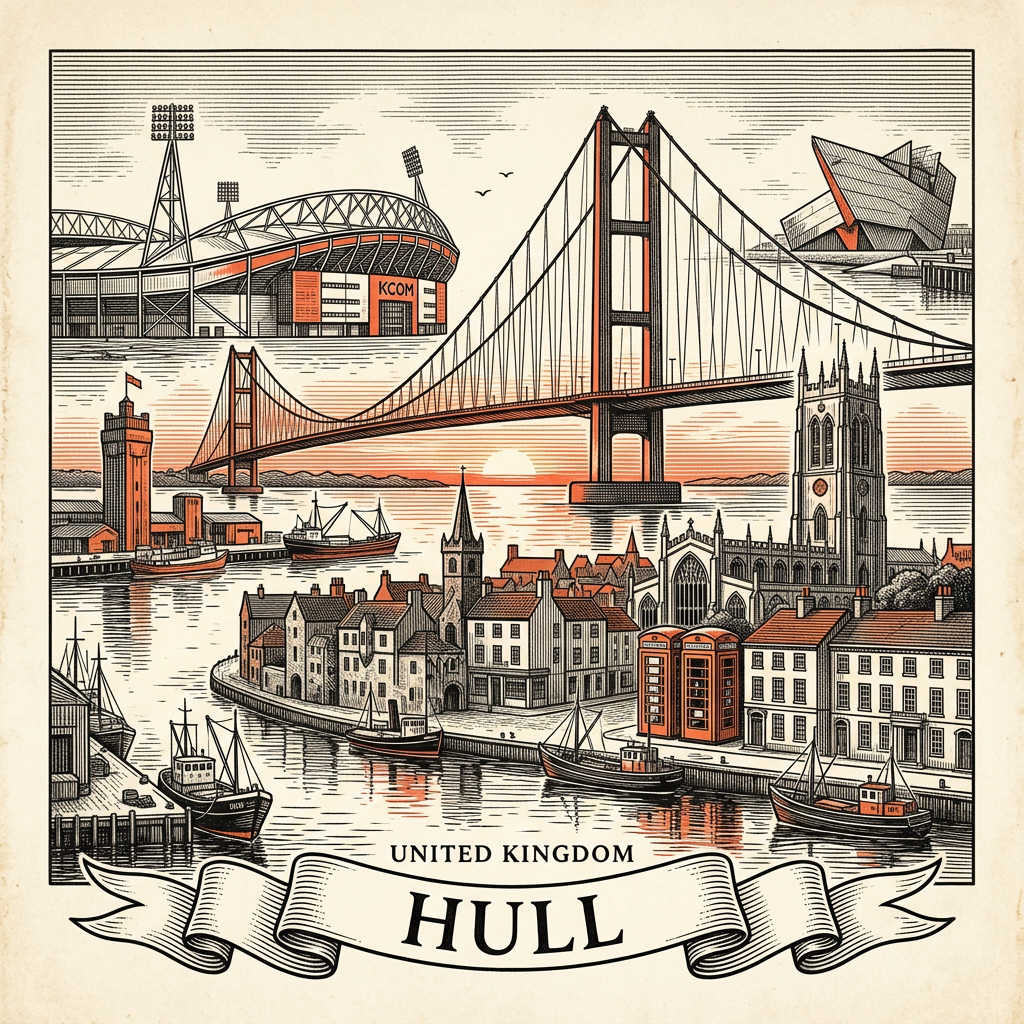 Engraved Hull England city illustration – The Deep aquarium, Humber Bridge, Hull Minster, Spurn Lightship, Wilberforce monument – Official Translations certified translation services from £29.95 per page