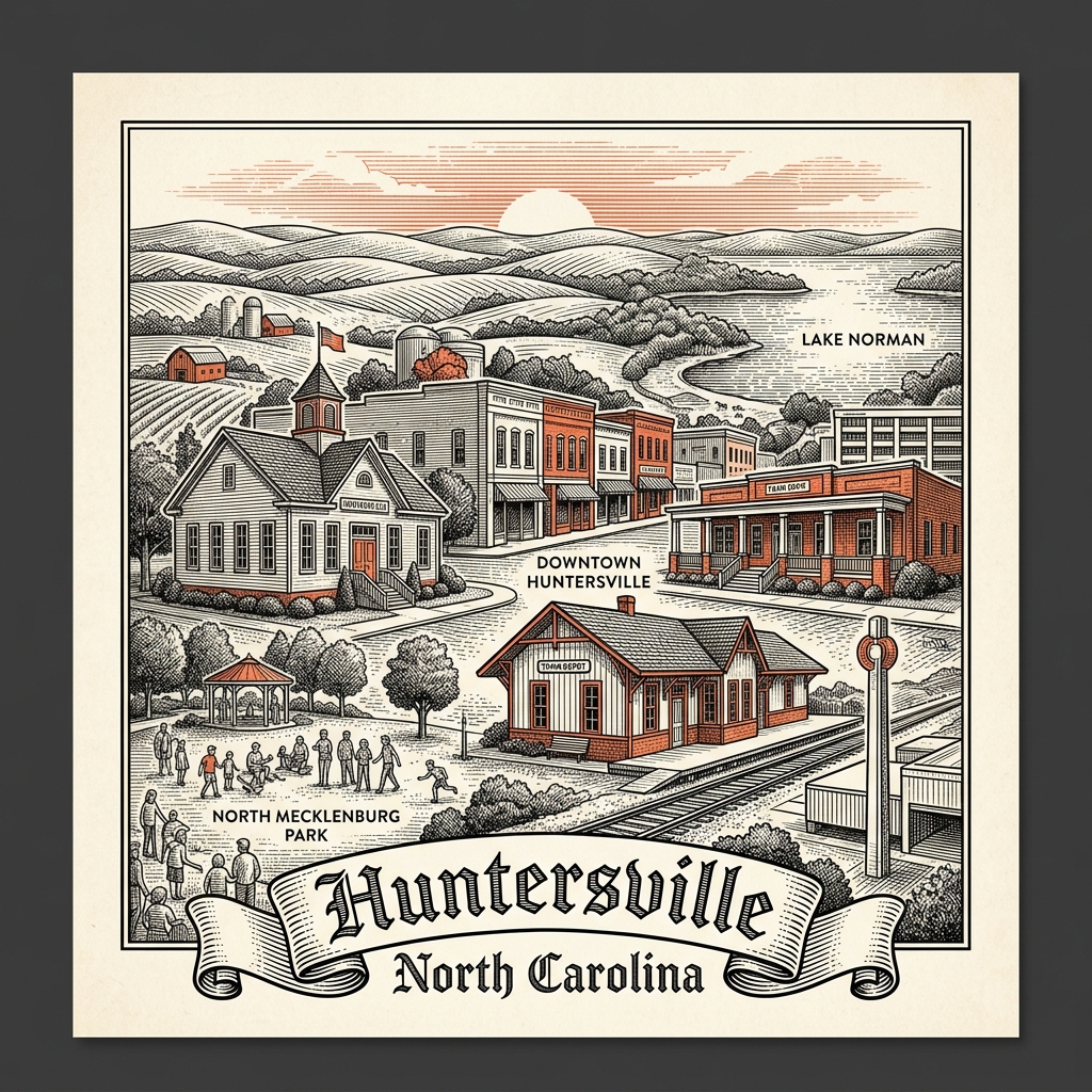 Engraved Huntersville NC city illustration – Official Translations certified translation services from $29.95 per page