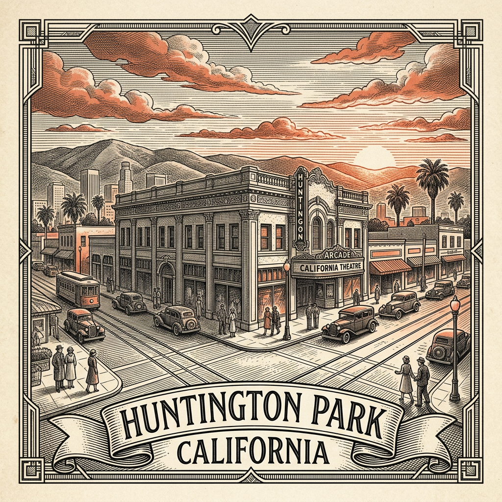 Engraved Huntington Park CA city illustration – Official Translations certified translation services from $29.95 per page