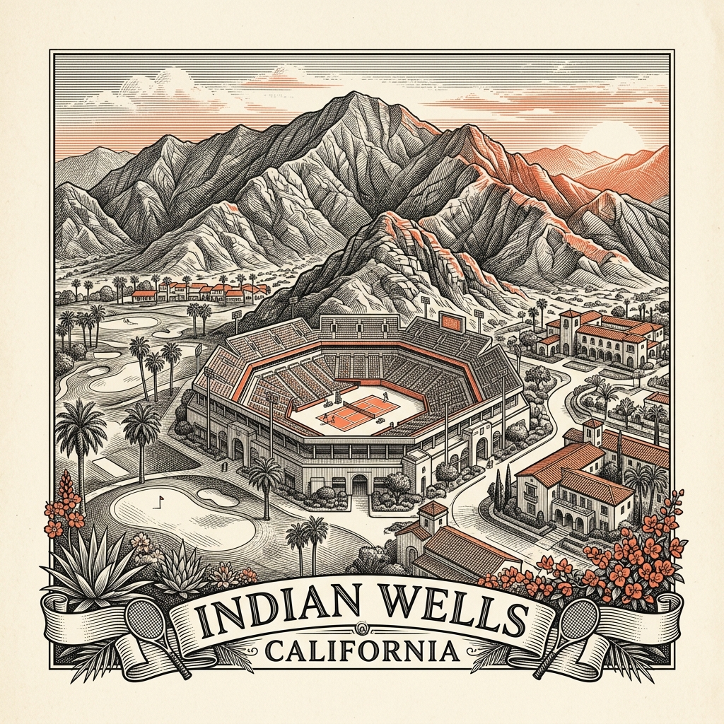 Engraved Indian Wells CA city illustration – Official Translations certified translation services from $29.95 per page
