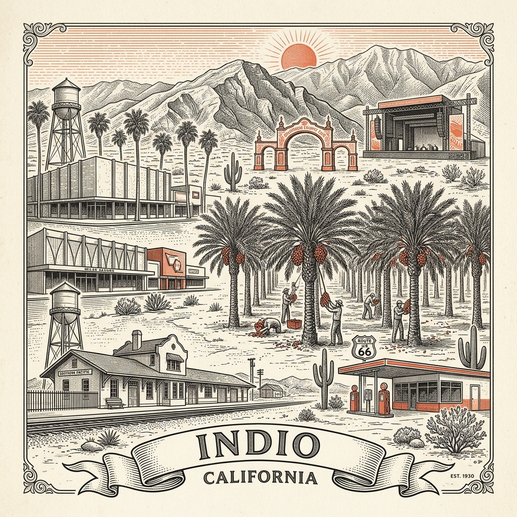 Engraved Indio CA city illustration – Official Translations certified translation services from $29.95 per page