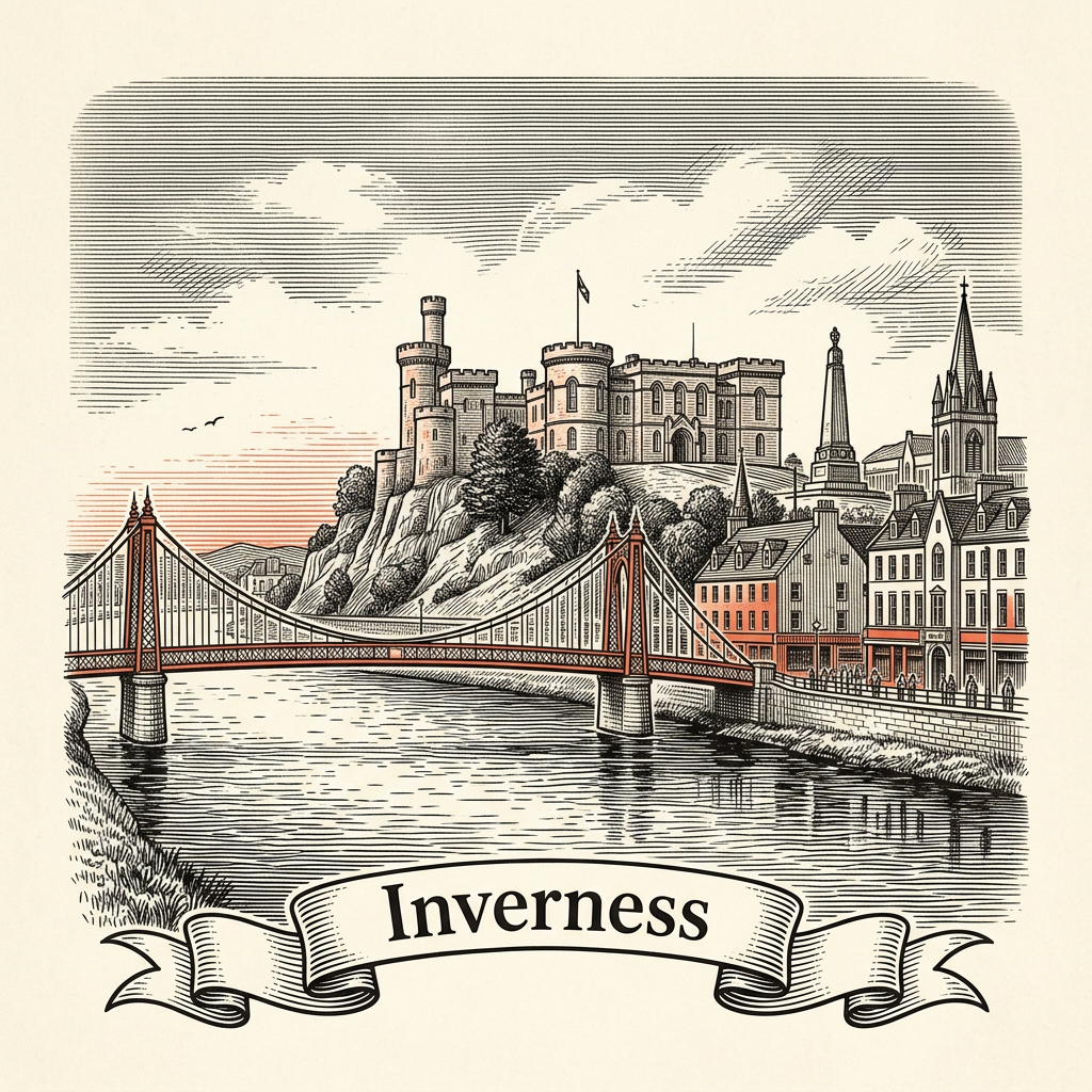 Engraved Inverness Scotland city illustration – Inverness Castle on the riverside bluff, River Ness with its footbridges, Inverness Cathedral, Old High Church, Caledonian Canal at Muirtown locks – Official Translations certified translation services from £29.95 per page