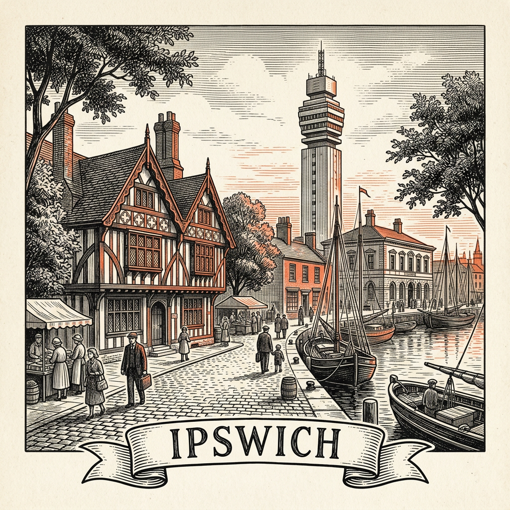 Engraved Ipswich England city illustration – Ipswich Waterfront marina, Christchurch Mansion, Willis Building (Norman Foster), Ancient House, Orwell Bridge – Official Translations certified translation services from £29.95 per page