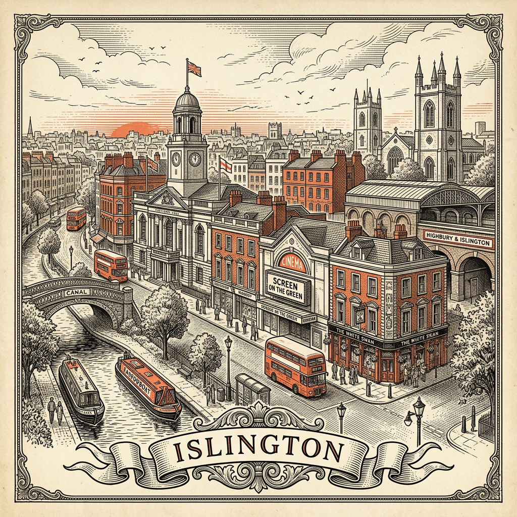Engraved Islington England city illustration – Angel Islington junction, Sadler's Wells theatre, Union Chapel, Emirates Stadium (Arsenal FC), Regent's Canal at City Road Basin – Official Translations certified translation services from £29.95 per page