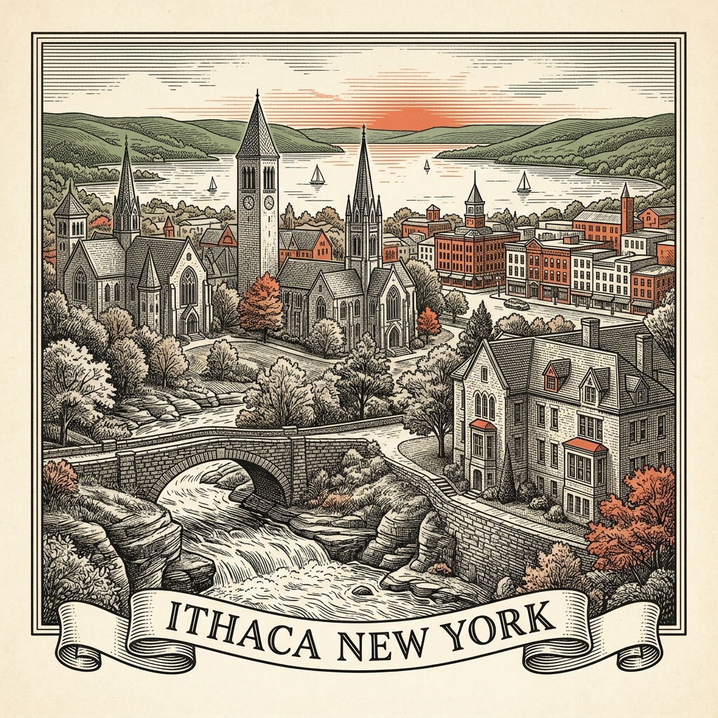 Engraved Ithaca NY city illustration – Official Translations certified translation services from $29.95 per page