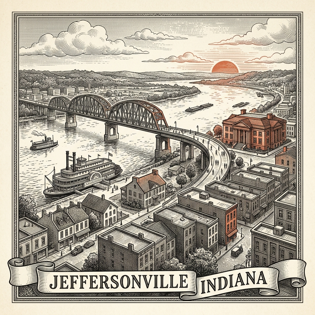 Engraved Jeffersonville IN city illustration – Official Translations certified translation services from $29.95 per page
