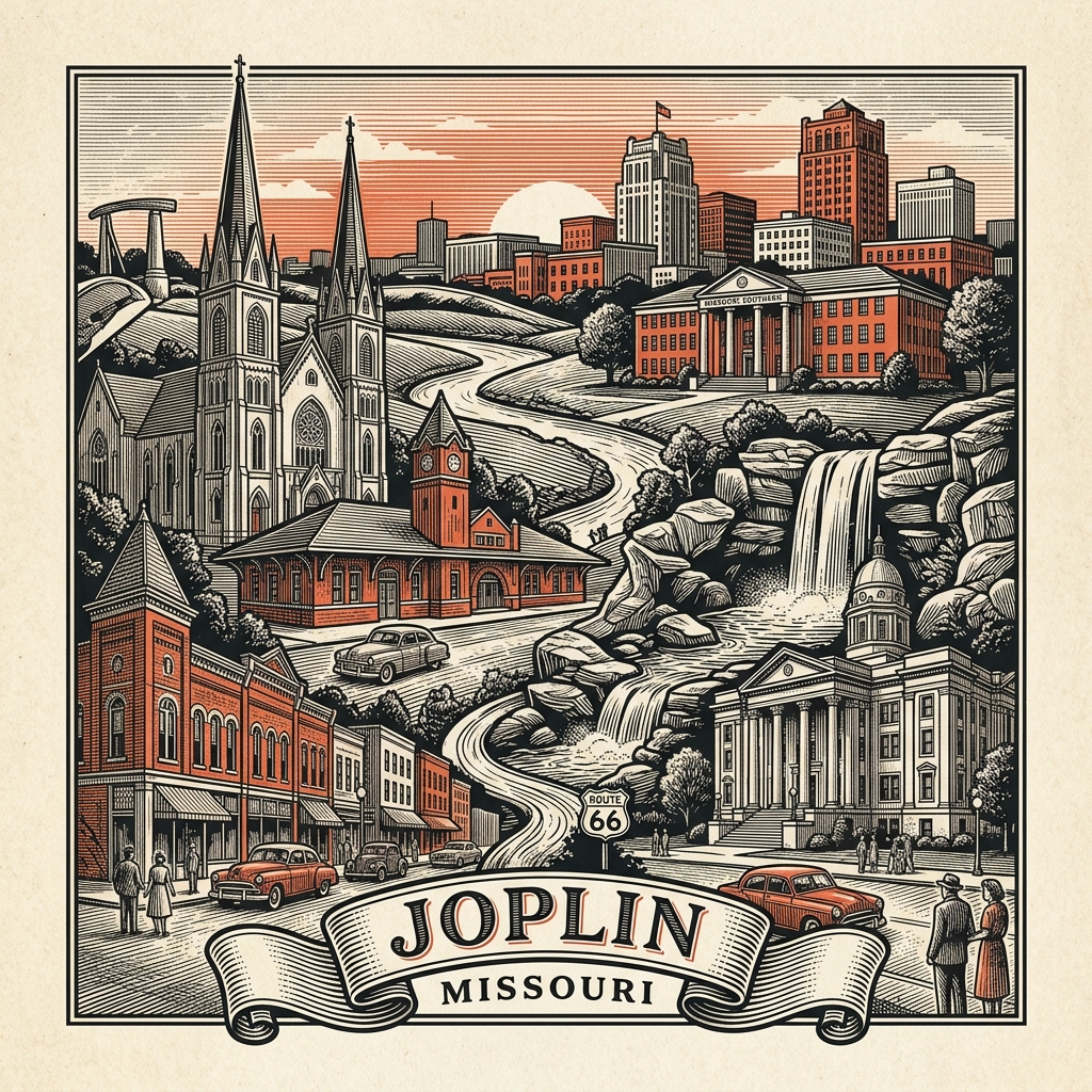 Engraved Joplin MO city illustration – Official Translations certified translation services from $29.95 per page