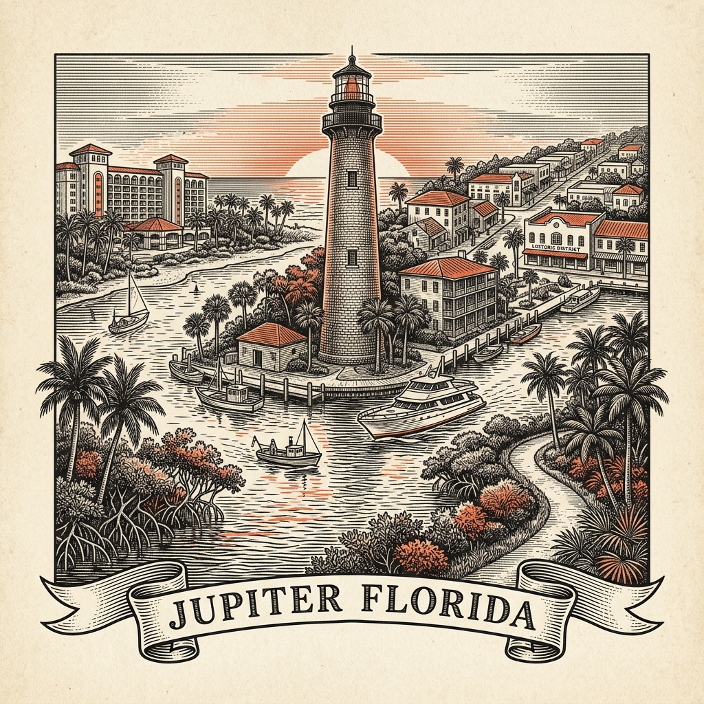 Engraved Jupiter FL city illustration – Official Translations certified translation services from $29.95 per page