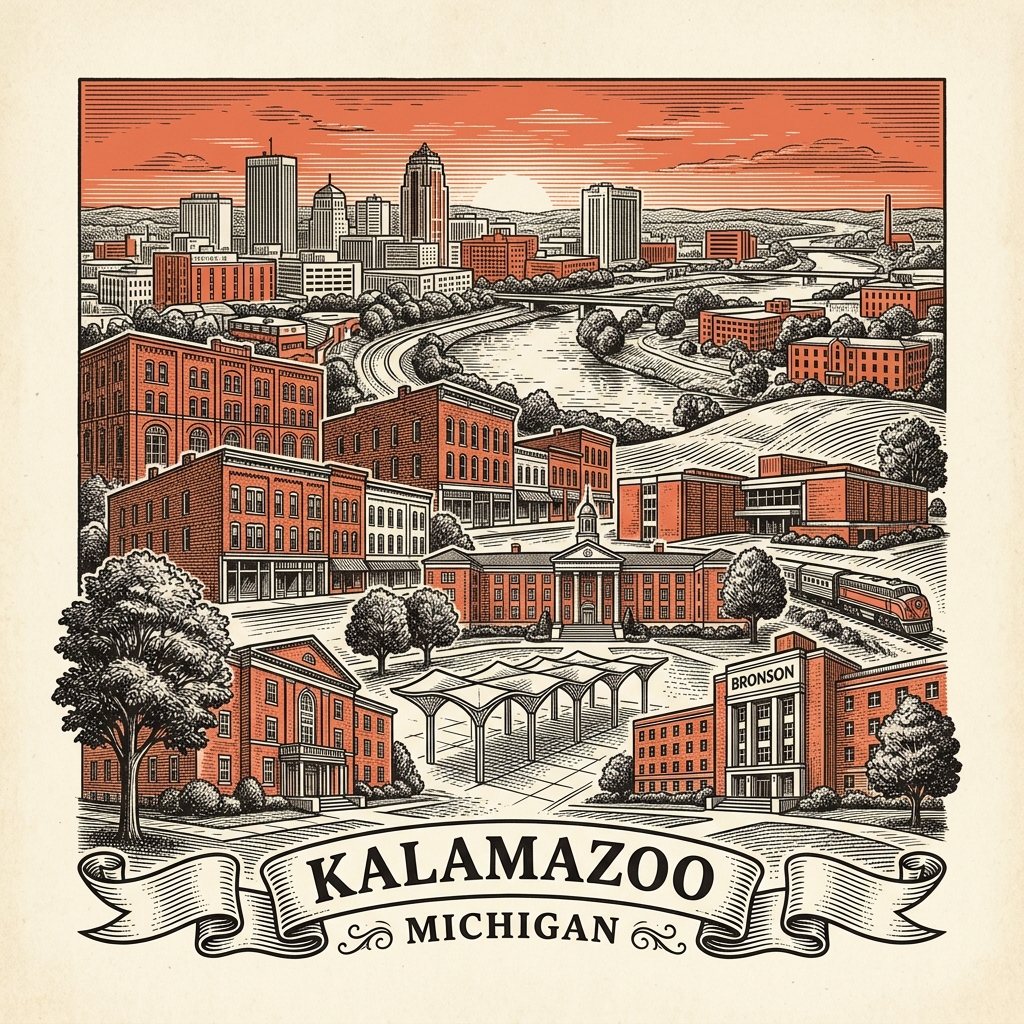 Engraved Kalamazoo MI city illustration – Official Translations certified translation services from $29.95 per page