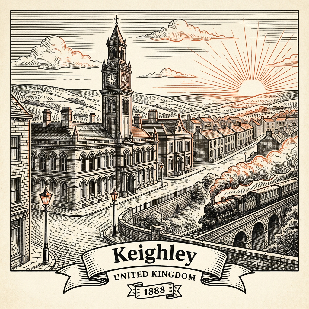 Engraved Keighley England city illustration – Keighley and Worth Valley Railway, Cliffe Castle Museum, East Riddlesden Hall, Haworth Parsonage (Brontë) nearby, Keighley Bus Station and town hall – Official Translations certified translation services from £29.95 per page