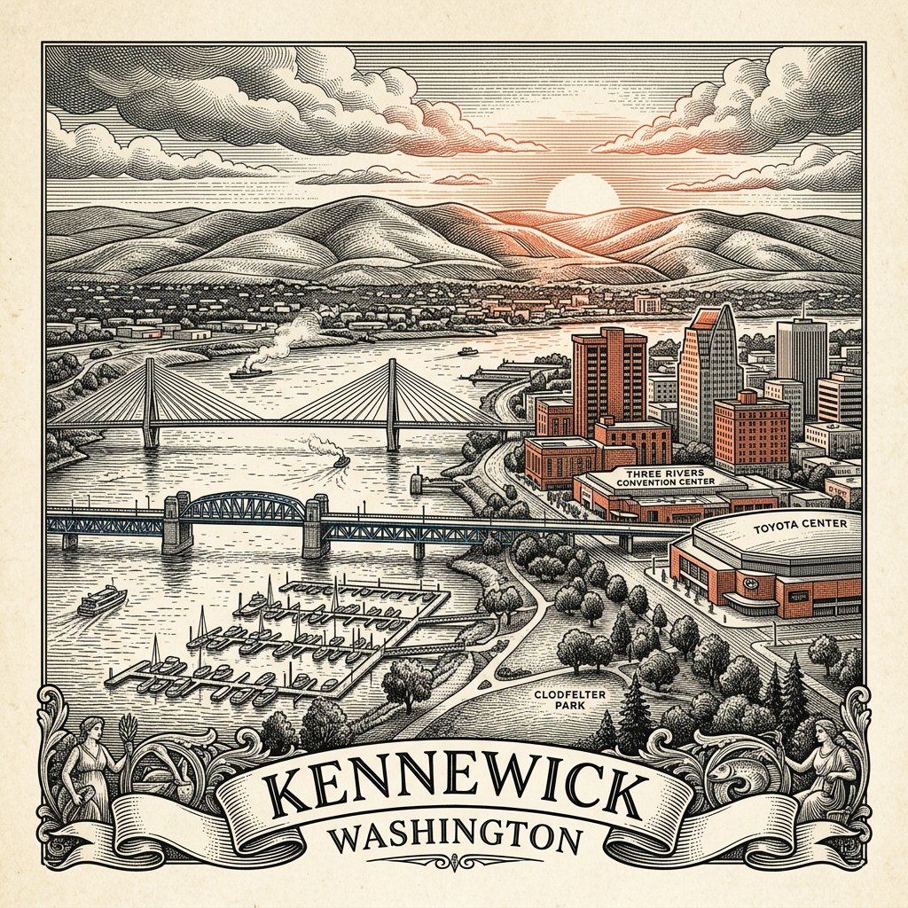 Engraved Kennewick WA city illustration – Official Translations certified translation services from $29.95 per page