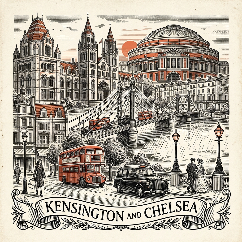 Engraved Kensington and Chelsea England city illustration – Royal Albert Hall dome, Natural History Museum facade, V&A Museum, Kensington Palace, Chelsea Old Town Hall – Official Translations certified translation services from £29.95 per page