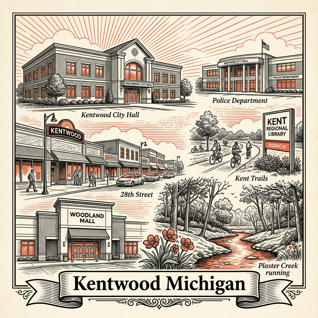 Engraved Kentwood MI city illustration – Official Translations certified translation services from $29.95 per page