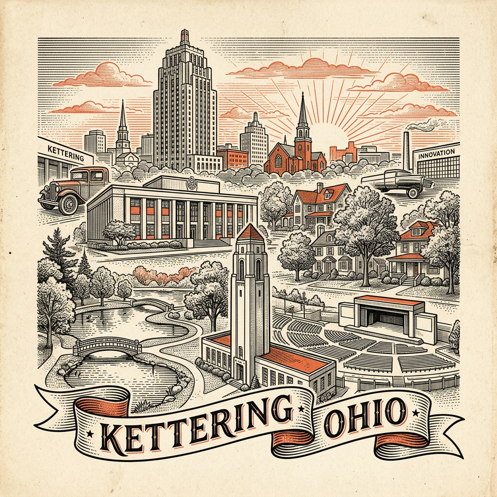 Engraved Kettering England city illustration – Kettering Parish Church of St Peter and St Paul, Wicksteed Park, Kettering Town Hall, Boughton House, Alfred East Art Gallery – Official Translations certified translation services from £29.95 per page