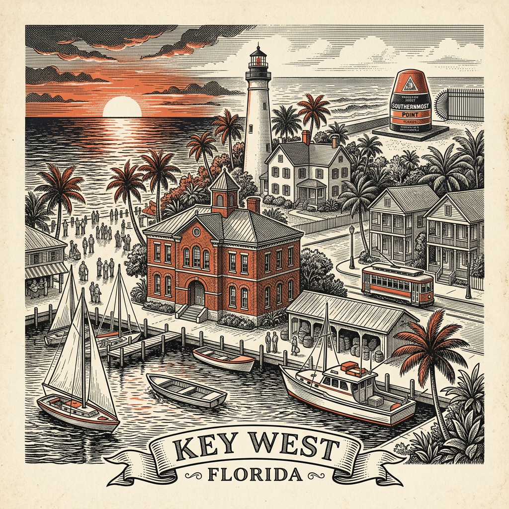 Engraved Key West FL city illustration – Official Translations certified translation services from $29.95 per page